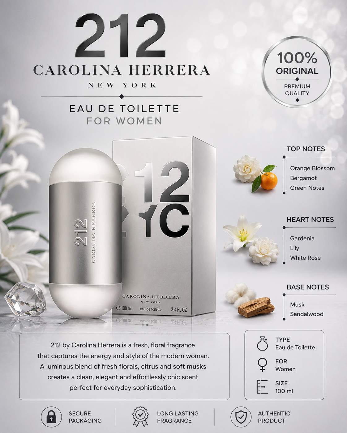 Carolina Herrera 212 Eau de Toilette 100ml – For Women